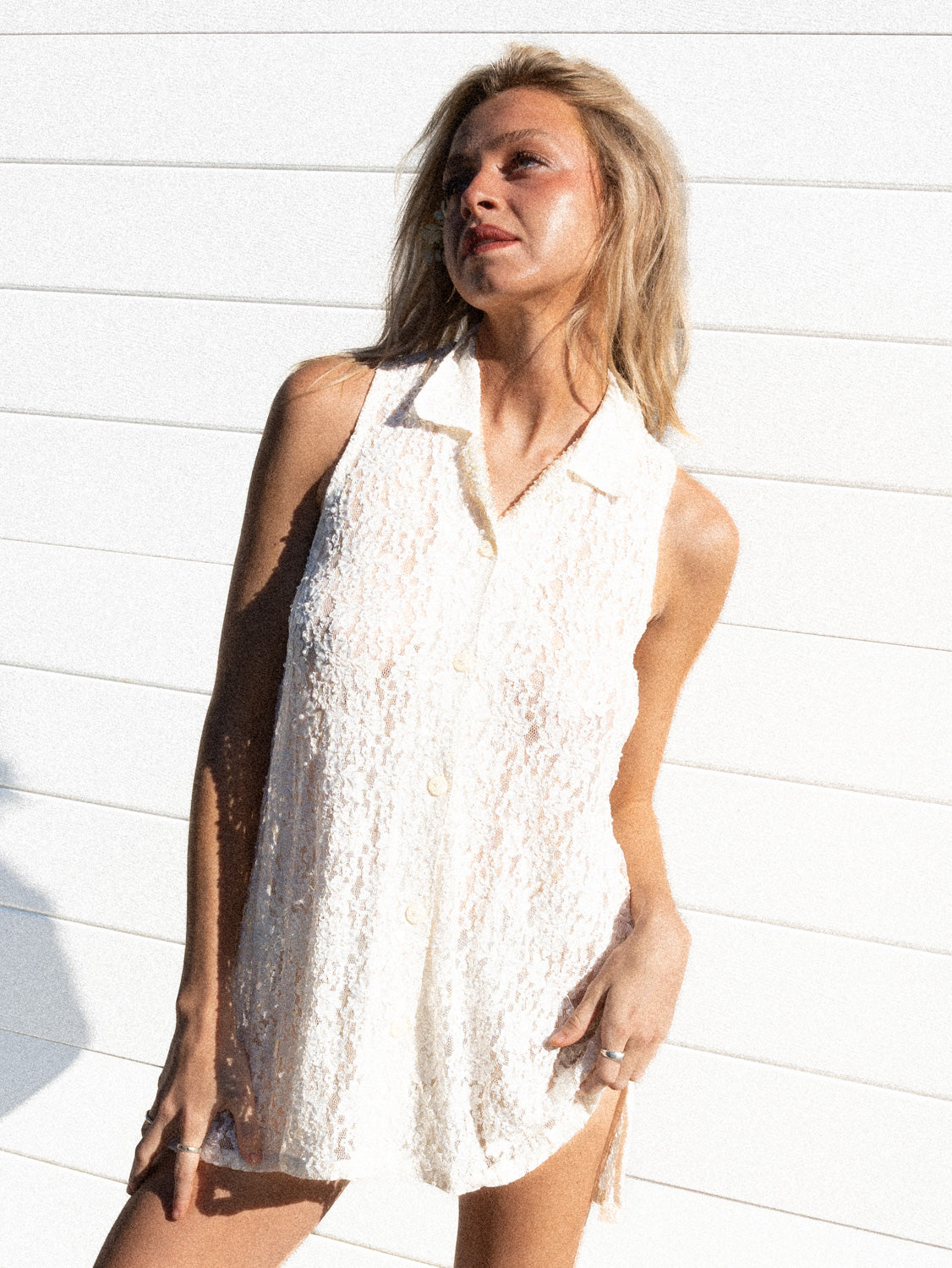 VINTAGE CREAM LACE BEADED SUPER MINI DRESS / XS-S