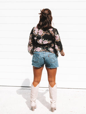 '90s BLACK ROSES FLOWER FLOATY BLOUSE / L- XL