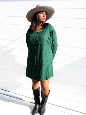 VTG GREEN EMBROIDERED LONG SLEEVE LOOSE DRESS / L - XL