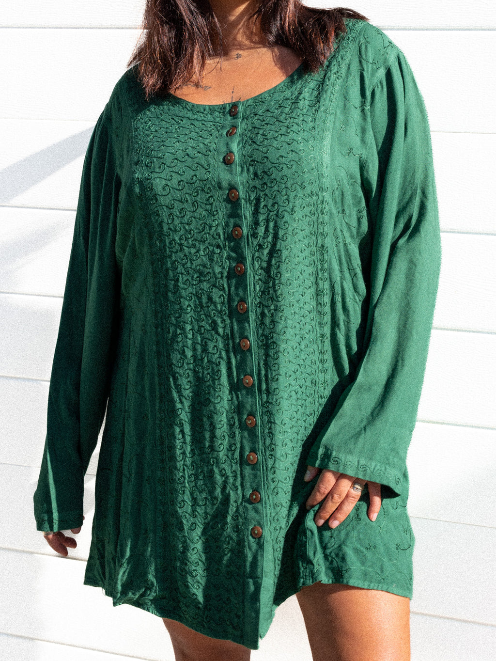 VTG GREEN EMBROIDERED LONG SLEEVE LOOSE DRESS / L - XL