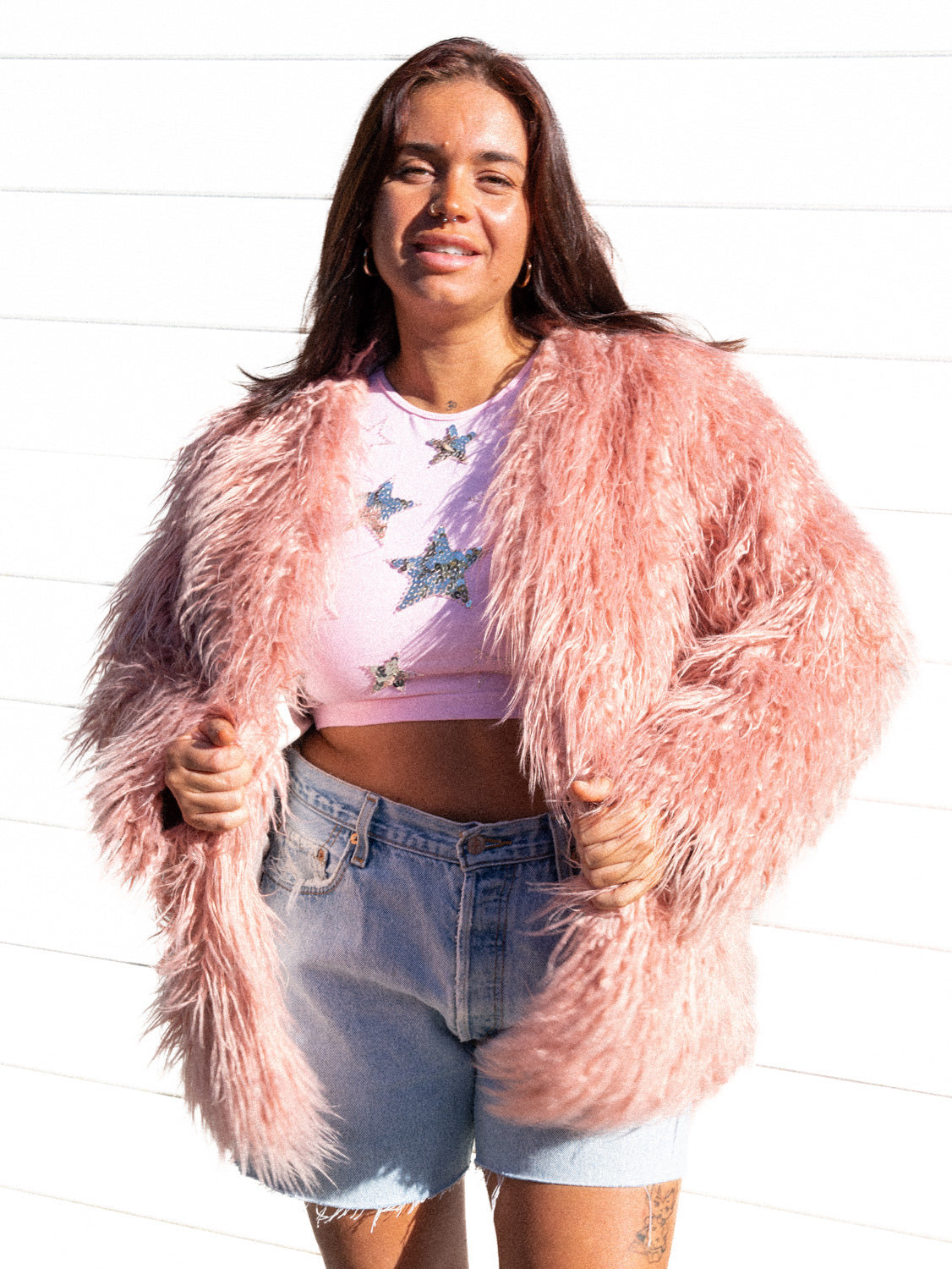 VTG PINK FLUFFY COAT / L