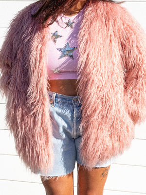 VTG PINK FLUFFY COAT / L