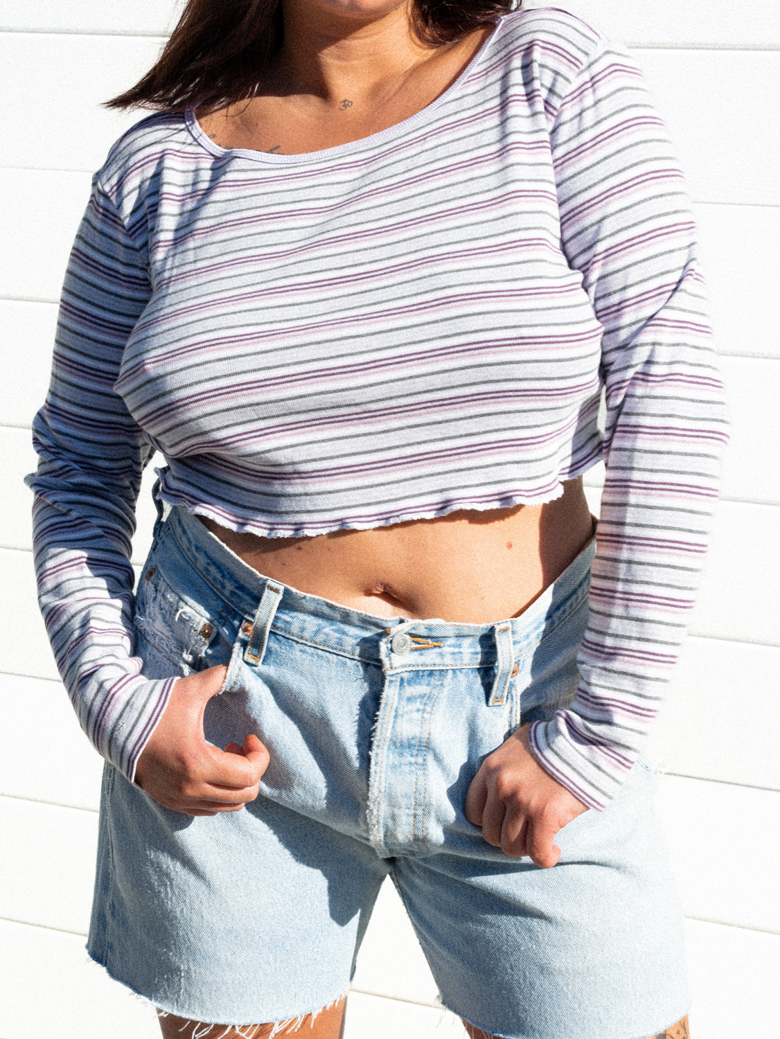 STRIPE LONG SLEEVE MINI CROP / L