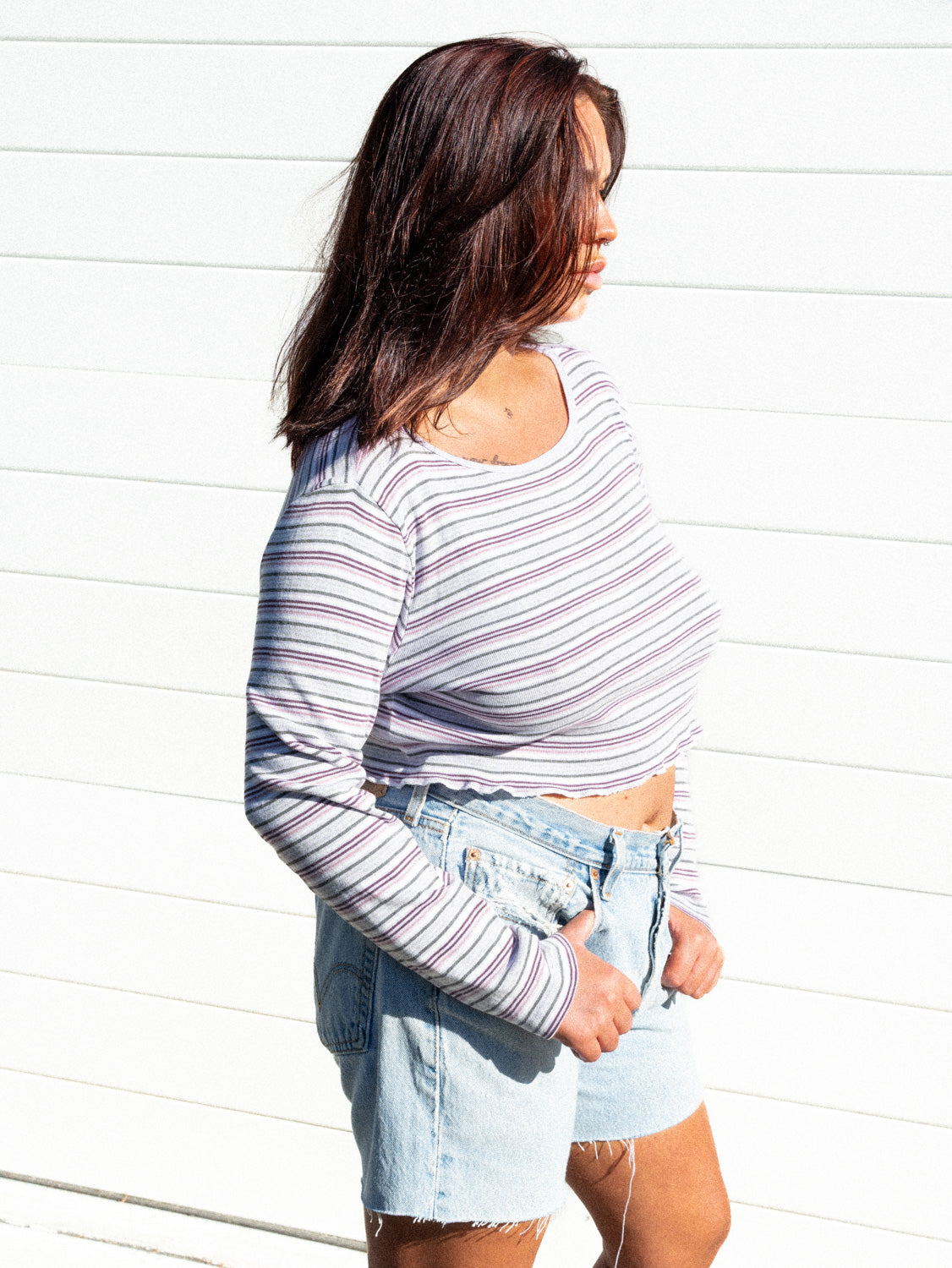 STRIPE LONG SLEEVE MINI CROP / L