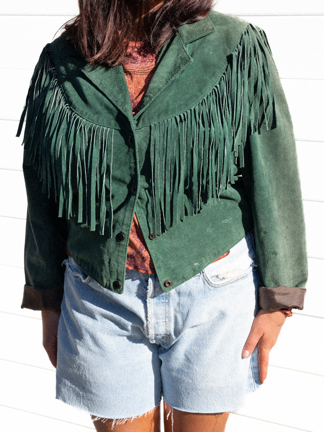 GREEN SUEDE FRINGED WESTERN JACKET / L