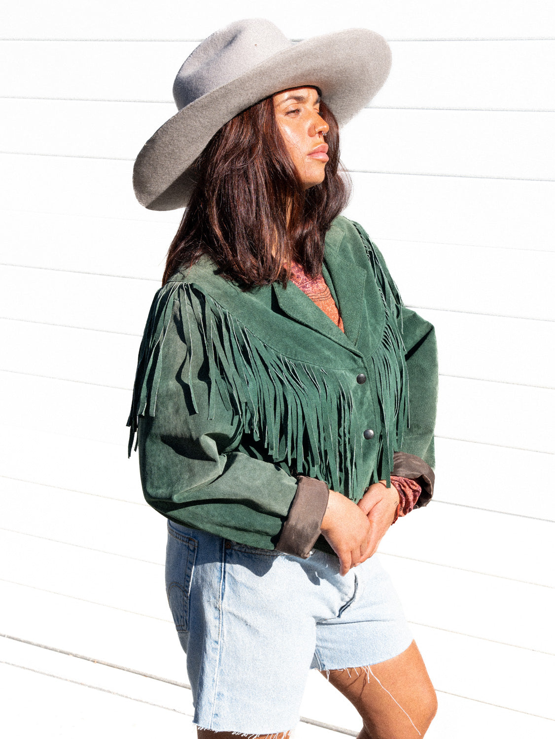 GREEN SUEDE FRINGED WESTERN JACKET / L