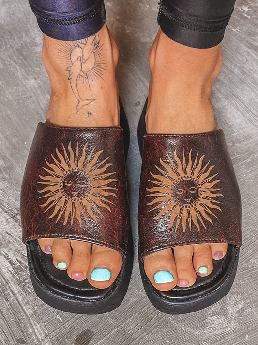 CELESTIAL SUN VEGAN LEATHER SLIDES